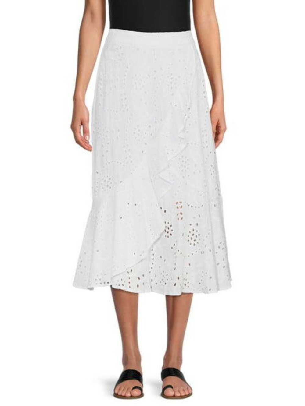 White Cotton Eyelet Ruffled Faux Wrap Skirt Size L Lined Cottage Core Boho NWOT